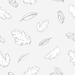 Ginger seamless pattern on gray background, for fabrics, wrapping paper, background, wallpaper, and textiles. Vector hand-drawn Ginger seamless pattern. Ginger root and cut pieces. 