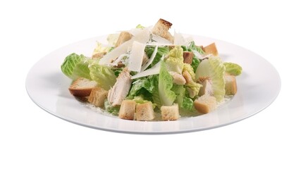 A plate of grilled chicken Caesar salad with croutons and parmesan cheese on White Background with copy space for your text created with generative AI technology