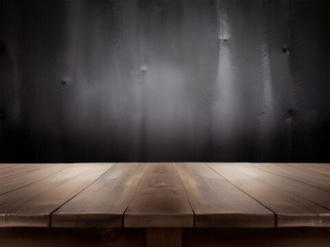 Dark wall background with empty wooden table, this background use for product display, close view of an empty wooden table with dark wall, smoky wall, seamless wooden texture, Generative AI