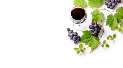 Wine banner with glass of red wine and red vine on white background