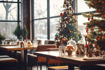 Fototapeta na wymiar Christmas decoration in local cozy cafe interior