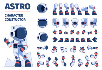Astronaut constructor kit. Cartoon space character body parts for animation sequence, arms legs and heads, astronauts in spacesuits. Vector sprite collection. Cosmic costume for galaxy exploration - obrazy, fototapety, plakaty