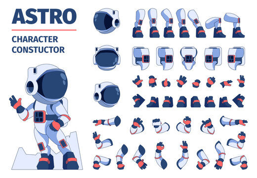 Astronaut constructor kit. Cartoon space character body parts for animation sequence, arms legs and heads, astronauts in spacesuits. Vector sprite collection. Cosmic costume for galaxy exploration