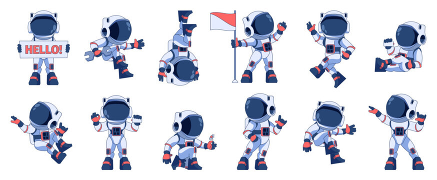 Astronaut character set. Cartoon space explorers in different poses, cosmic spacemen in suits and helmets, astronaut characters in spacesuits. Vector set. Human in different positions