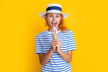 summer woman eat sweet cone in studio. summer woman with sweet cone