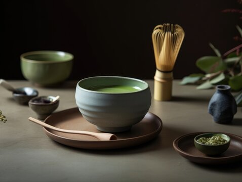 Organic matcha green tea ceremony on table. Generative AI