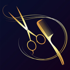 Golden scissors comb and curl of hair - obrazy, fototapety, plakaty