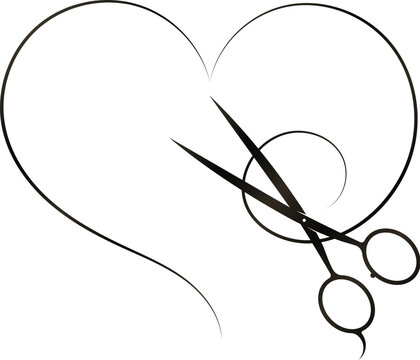 Scissors and a curl of hair in the form of a heart. Design for a beauty salon