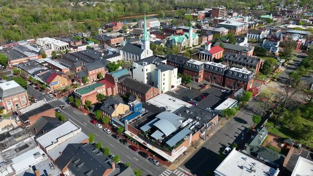 Aerial Fredericksburg Virginia historic downtown center 3.  Deadly battle with devastating death. Union and Confederate armies. History and education. Business and buildings.