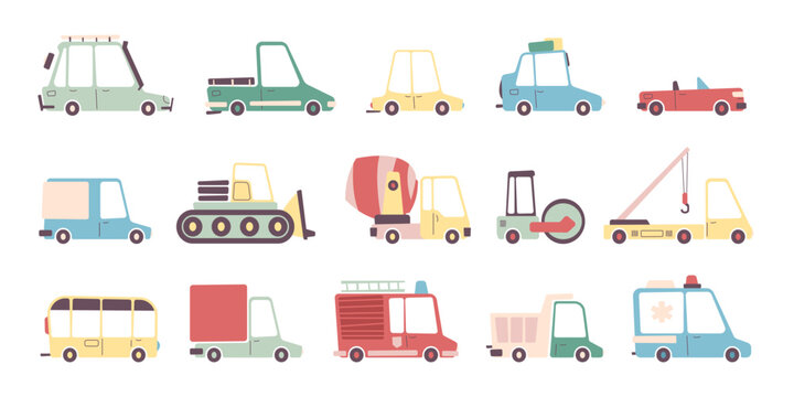 Kids transport collection. Cartoon childish vehicles for transportation, flat colorful auto transport, truck and bus icons. Vector isolated set. Ambulance, fire and concrete trucks, tractor