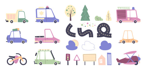 Cute road and transport collection. Cartoon vehicle transport icons bus car truck with traffic signs trees bushes, cartoon autotransport in flat style. Vector isolated set. Ambulance and fire truck