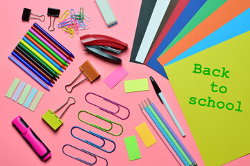 Back to school. Zenith view, school supplies, various accessories in full color copy space.
