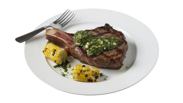 A plate of grilled ribeye steak with chimichurri sauce and corn on the cob on White Background with copy space for your text created with generative AI technology