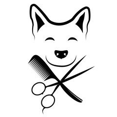 Groomer scissors and comb. Cheerful muzzle of a dog
