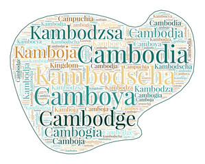 Cambodia shape filled with country name in many languages. Cambodia map in wordcloud style. Artistic vector illustration.