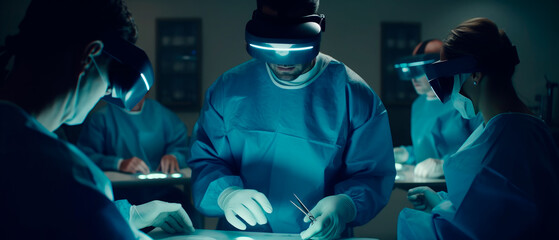 Generative AI. Doctors do surgery using vr headset. Modern technologies in medicine. - obrazy, fototapety, plakaty