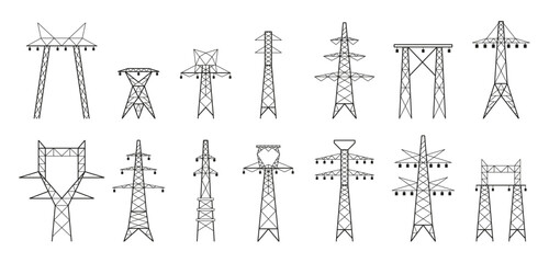 Electric line pole. Grid power transmission and distribution, high voltage pylons, cable and wire transmission infrastructure. Vector isolated set. Transmission tower with power lines - obrazy, fototapety, plakaty