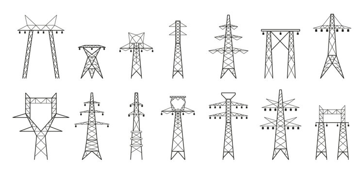 Electric line pole. Grid power transmission and distribution, high voltage pylons, cable and wire transmission infrastructure. Vector isolated set. Transmission tower with power lines