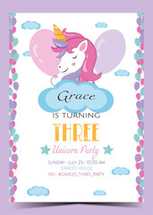  Birthday card with Unicorn elements design. Turning Three years invitation. Ready to print. Vector Illustration
