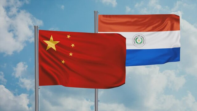 Paraguay flag and China flag waving together on blue sky, looped video, two country cooperation concept