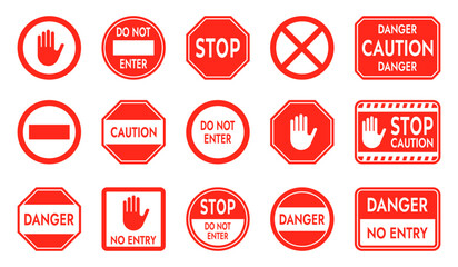 Prohibition stop sign. Warning danger crosswalk pedestrian area, car prohibited zone and roadway crosswalk alert sign. Vector illustration. Road signs with warning, caution and restrictions