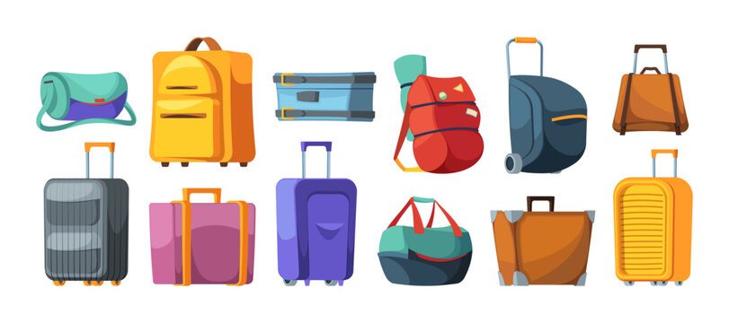Baggage suitcase. Cartoon luggage for traveling, backpack rucksack, luggage for departure and arrival, storage for clothes and accessories. Vector set. Closed handbag, valise and bag for vacation