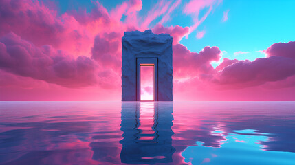 a futuristic looking door in the water, in the style of vaporwave. Generative AI.