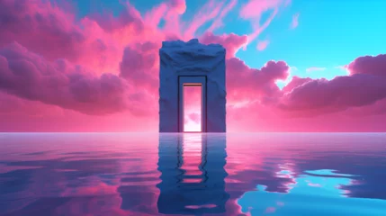 Zelfklevend Fotobehang a futuristic looking door in the water, in the style of vaporwave. Generative AI. © Milito
