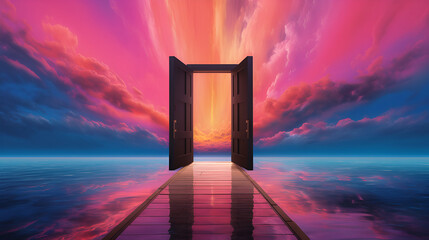a door through a cloudy sky with rays in the background. Generative AI.