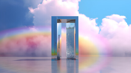 an abstract png with a door under a rainbow cloud. Generative AI.