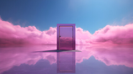 purple clouds in the sky with a glowing pink door. Generative AI.