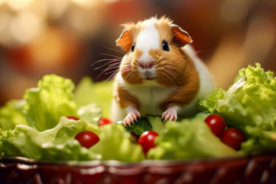 A guinea pig munching on a piece of fresh lettuce, capturing its adorable eating habits.