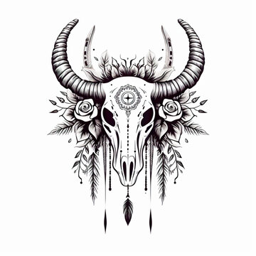 A bull skull with horns and feathers on it. Generative AI.