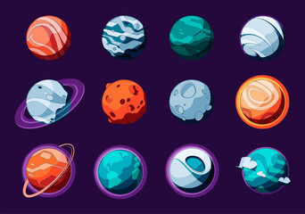 Planets collection. Cartoon fantasy planet with different shape and color, universe cosmic group of different shape planetoid and satellites. Vector set. Galaxy universe bodies isolated in space © Frogella.stock