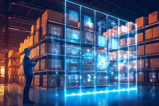 Business management or organization with smart system..package box or contener in storage warehouse.robot automation technology.market demand and supply