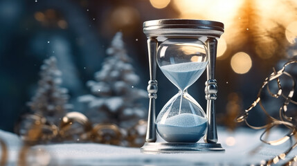 An hourglass sitting on top of a snow covered ground. Generative AI. New Year card with yearclock.