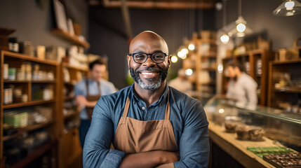 Obraz premium Successful small business owner standing with crossed arms with his trendy cafe in background.?reated with Generative AI technology.
