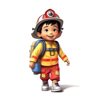 Beautiful boy cartoon style, cute fireman with his helmet ready to put out the fires - generative AI illustration
