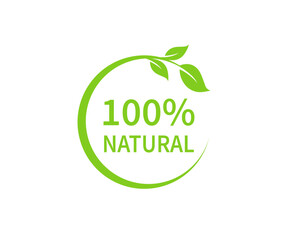 100% Natural vector logo design. 100% Natural sign with green leaves.