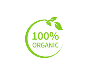 100% Organic sign with green leaves. 100% Organic vector logo design.