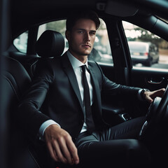Attractive young man man in business suit driving car.