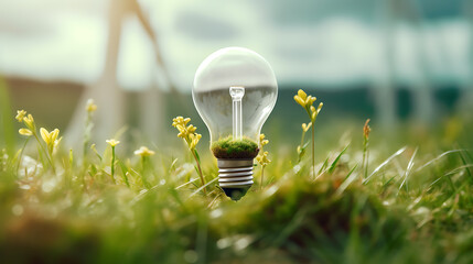 Light bulb on green natural blurred background with wind stations.Created with Generative AI technology.