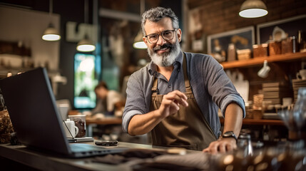 Obraz premium Close up portrait of small business owner calculating his bills and revenue. ?reated with Generative AI technology.