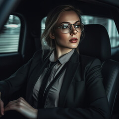 Fototapeta na wymiar Attractive young woman in business suit driving car.