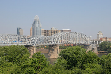 Cincinnati Downtown Skyline including the Great American and First Financial towers and the Purple People Bridge.