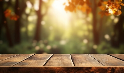 Empty wooden table for product showcase amidst the beauty of nature in forested background.
