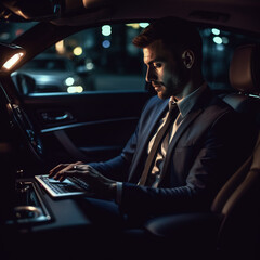 businessman in moving car working on his laptop.