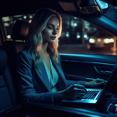 Fototapeta na wymiar businesswoman in moving car working on his laptop.