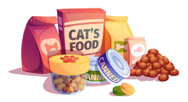 Pet food packs. Nature food for animals, veterinarian supplies with pets, food for animals with paw, pet store with bag with natural products. Vector set. Packaging with wet and dry snacks