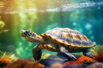 A turtle swimming gracefully in a tank, showcasing its natural aquatic movements.